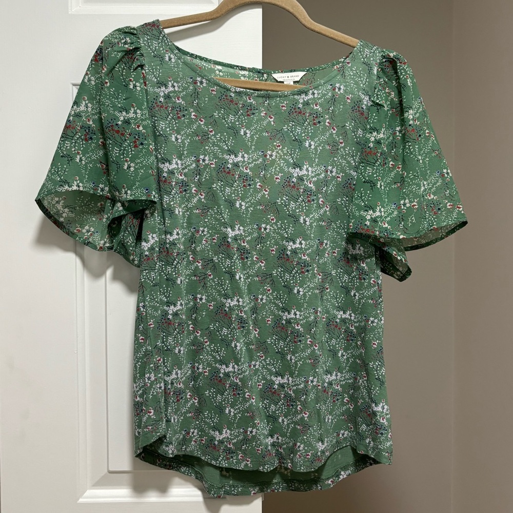 Lucky Brand Flutter Sleeve Floral Print Top Green - Picture 7 of 9